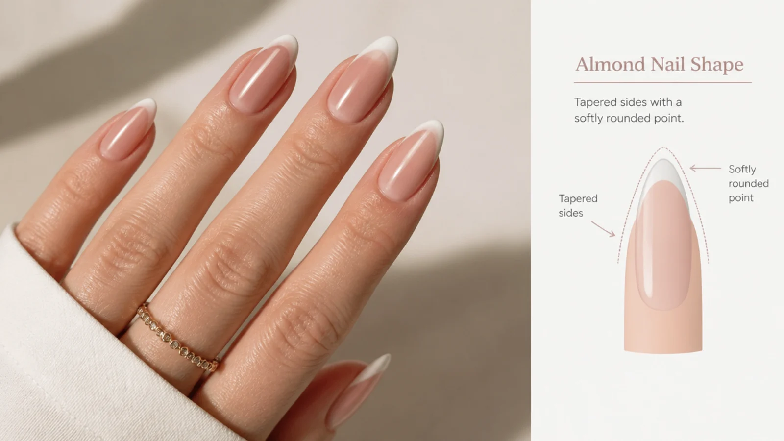Almond nail shape diagram showing tapered sidewalls curving to a soft rounded point