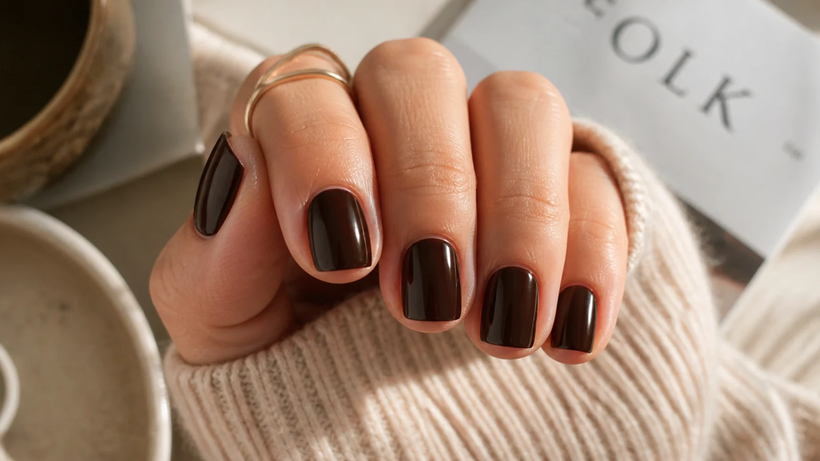 Short square nails in near-black espresso brown with a deep glossy finish