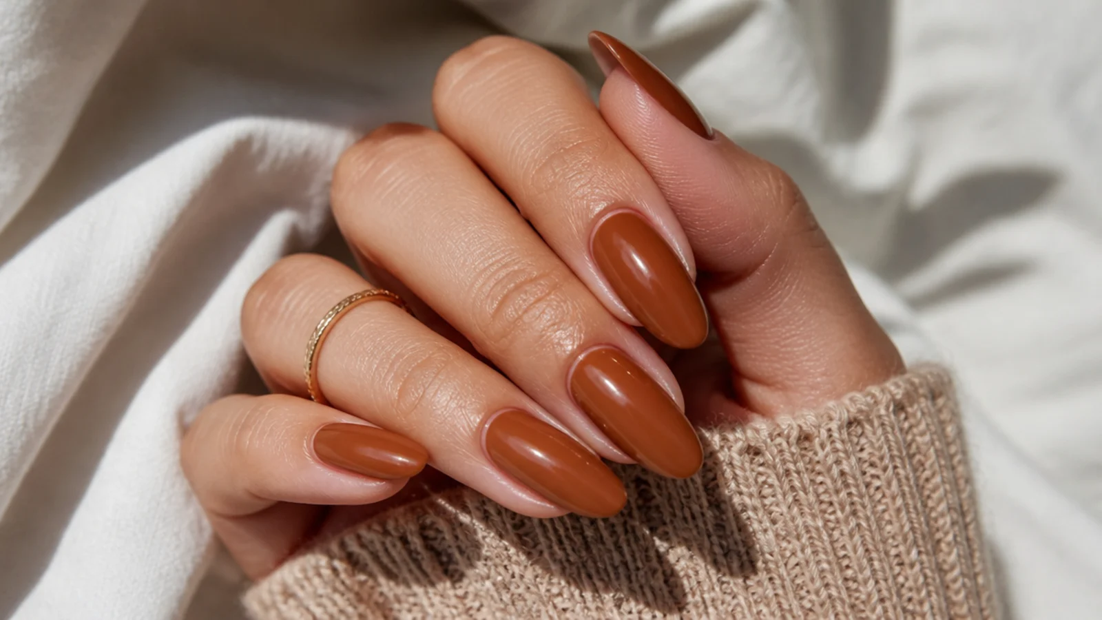 Medium almond nails in warm golden caramel brown with a glossy finish