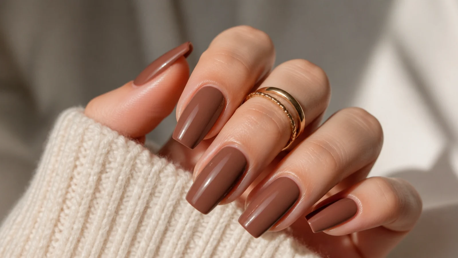 Medium coffin nails in warm toffee brown with a soft glossy sheen