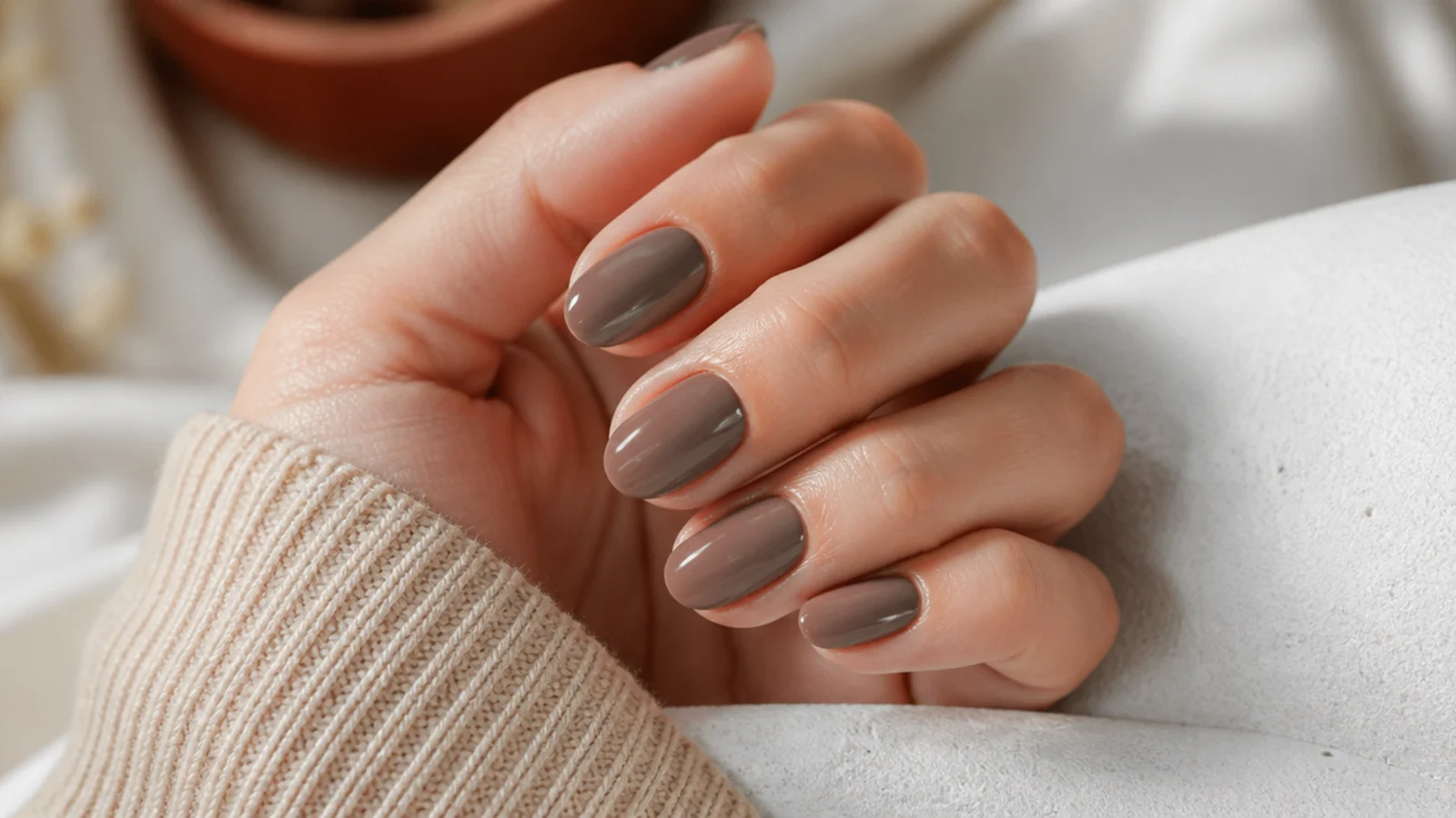 Short almond nails in cool taupe mushroom brown with a soft glossy finish