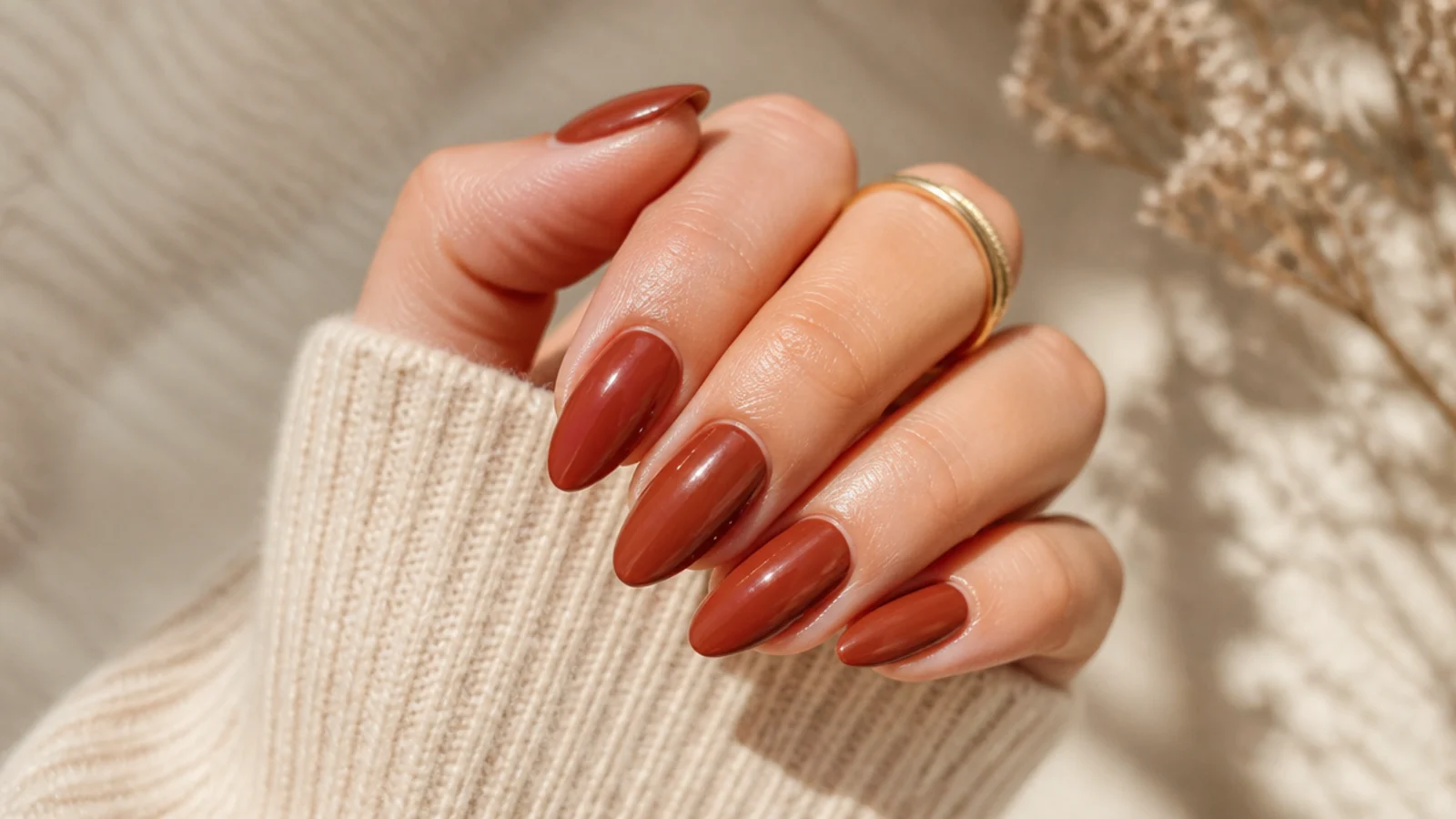Medium almond nails in warm reddish cinnamon brown with a glossy finish