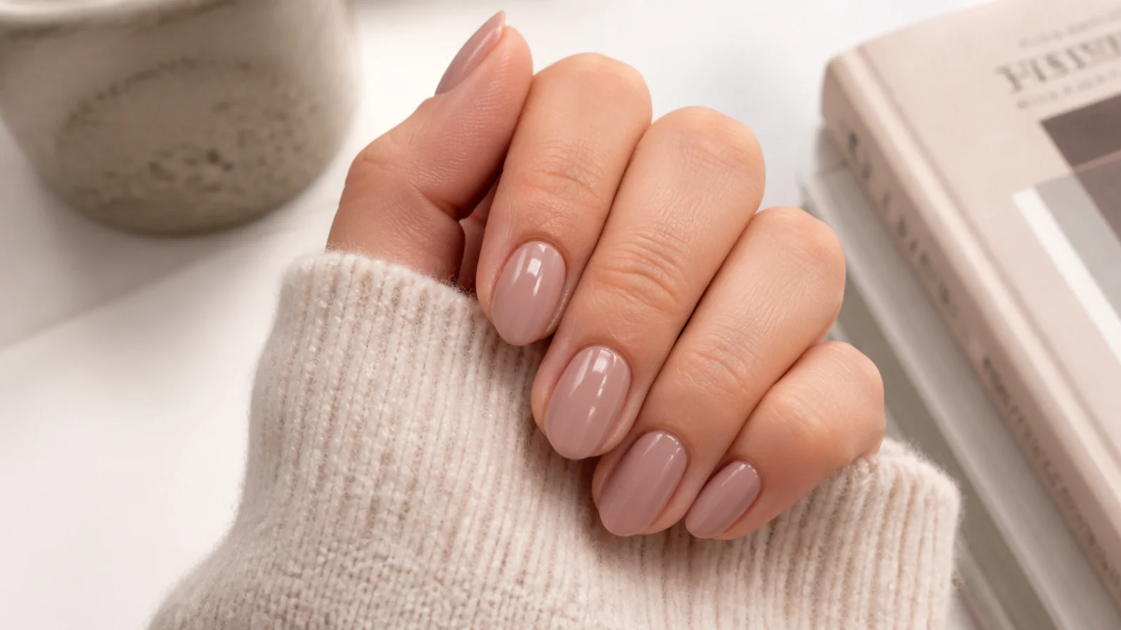 Short almond nails in a pale cocoa-tinted nude with a natural glossy finish