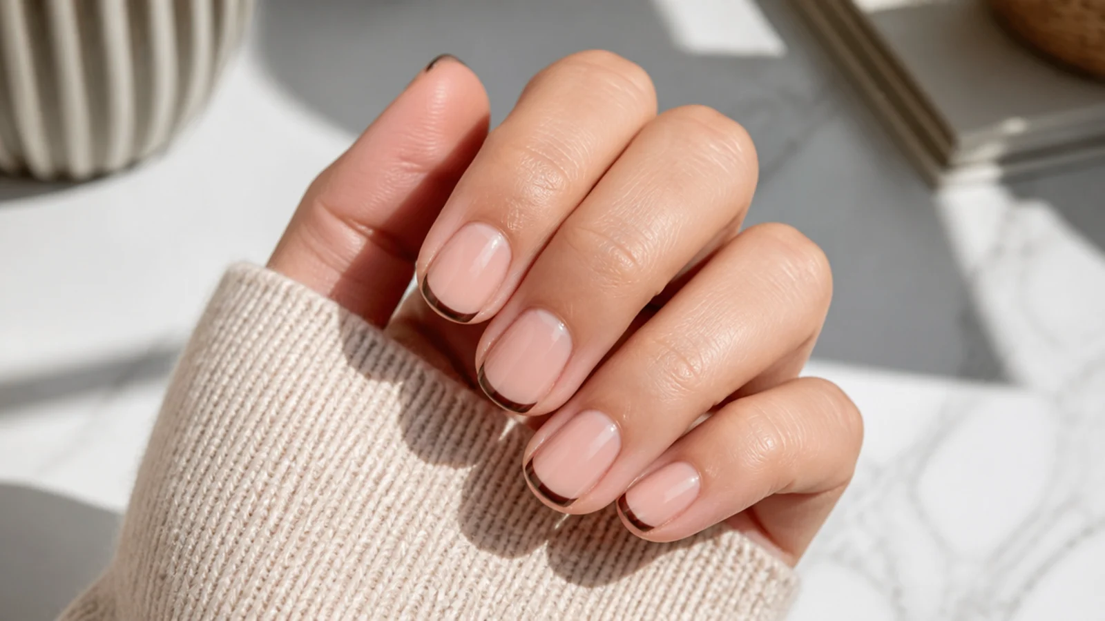 Short square nails with a hairline espresso brown micro French tip on a bare base