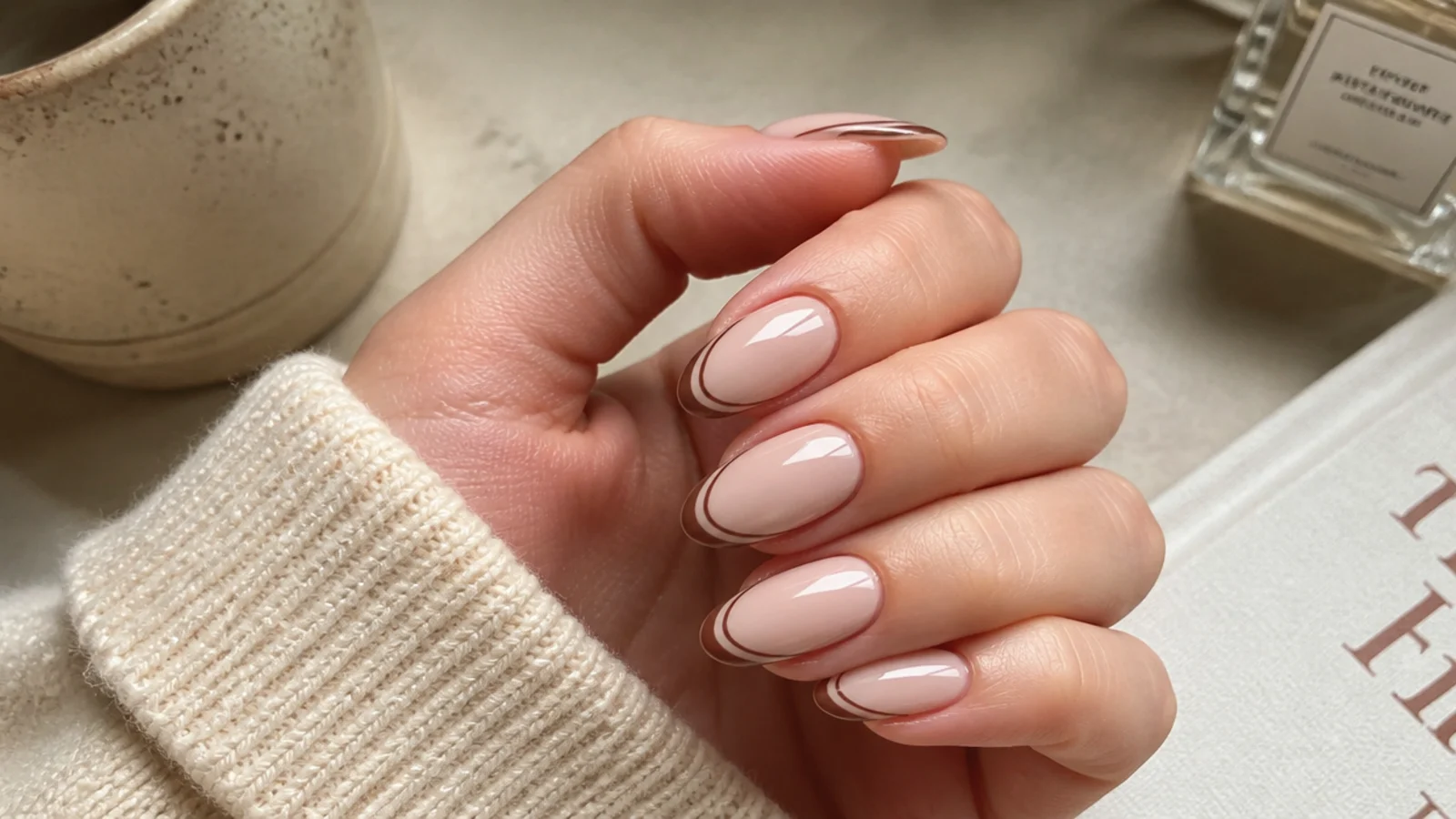 Medium almond nails with two thin parallel brown French lines over a nude base