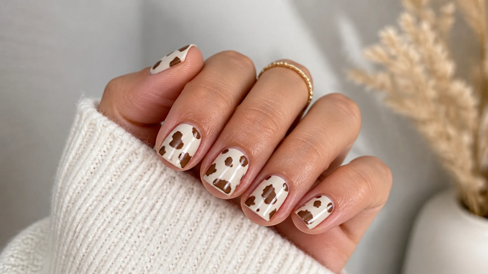 Short square nails with brown cow-print patches on a milky white base