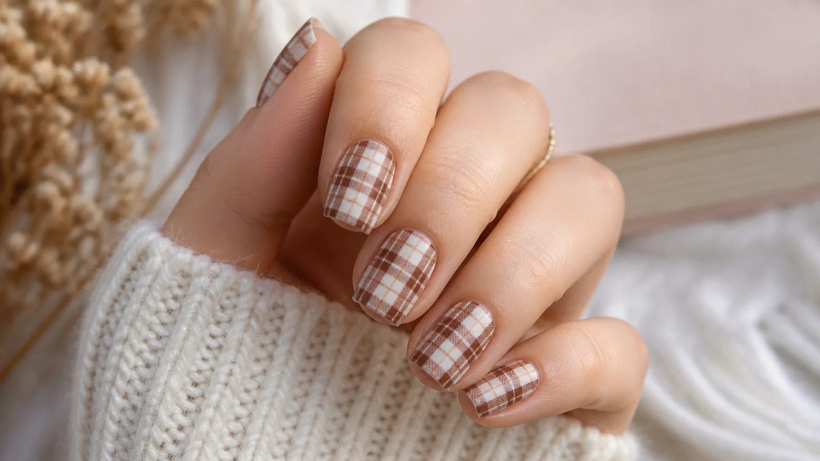 Medium square nails with a brown and cream plaid flannel grid pattern