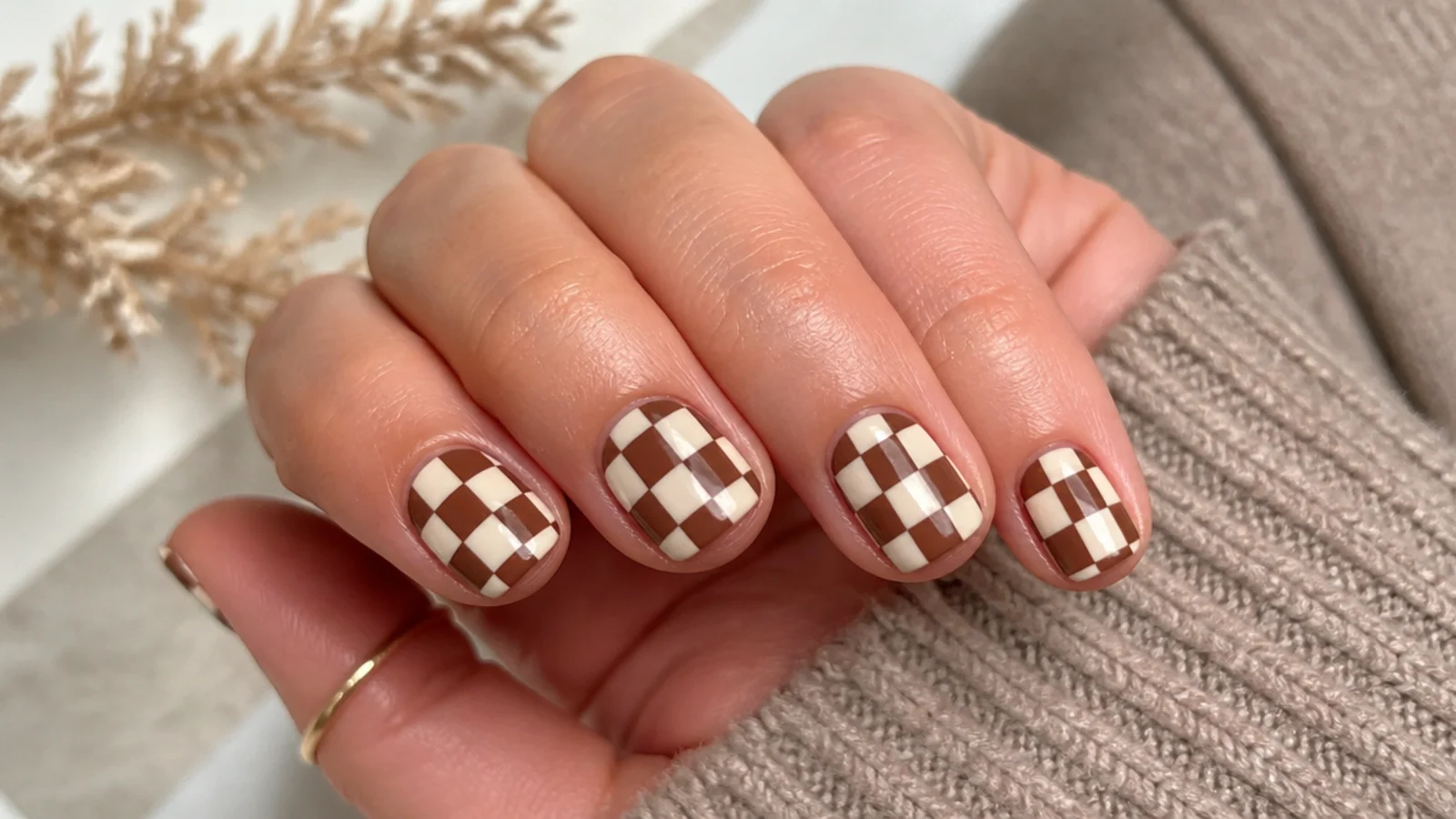 Short square nails with a brown and cream checkerboard pattern