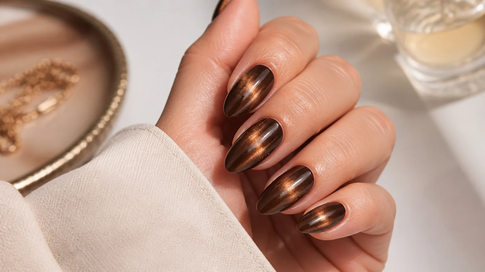 Medium almond nails in brown magnetic cat eye gel with a shifting light stripe