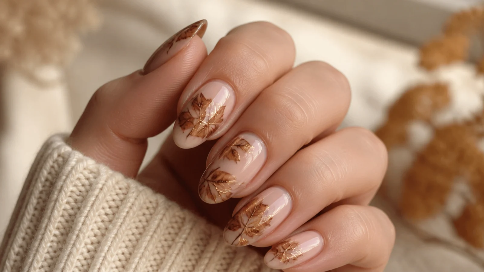 Medium almond nails with hand-painted brown and bronze fall leaves on a nude base