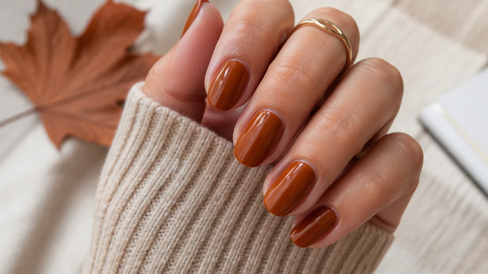 Short almond nails in warm pumpkin-spice brown with a burnt orange undertone