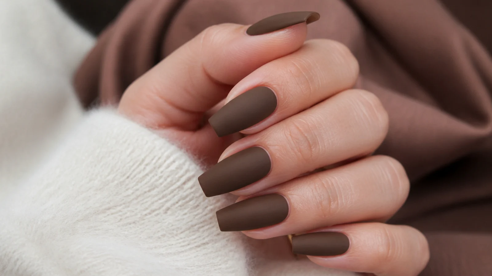 Medium coffin nails in deep chocolate brown with a flat velvet matte finish