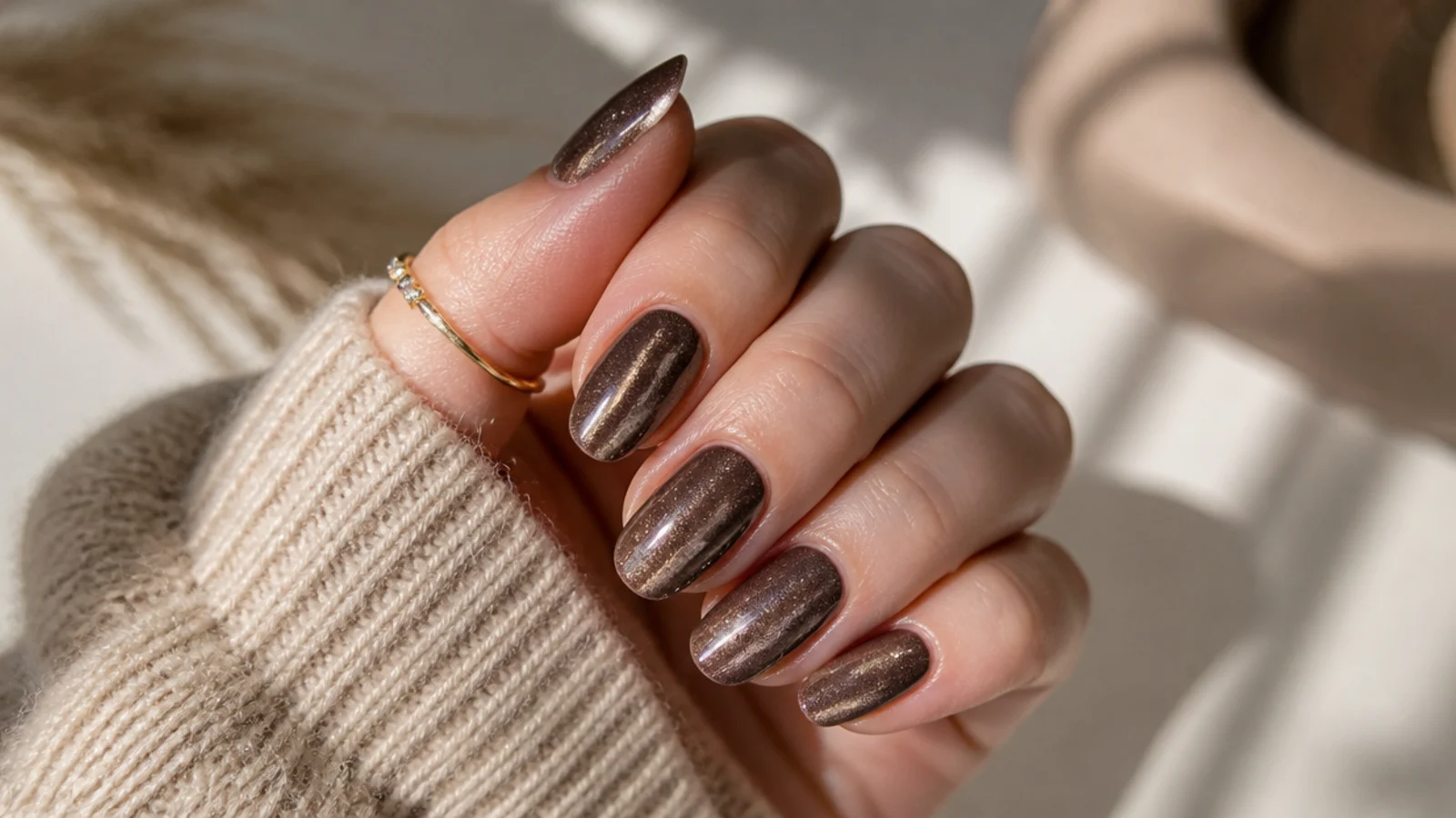 Medium almond nails in brown magnetic velvet gel with a soft brushed sheen