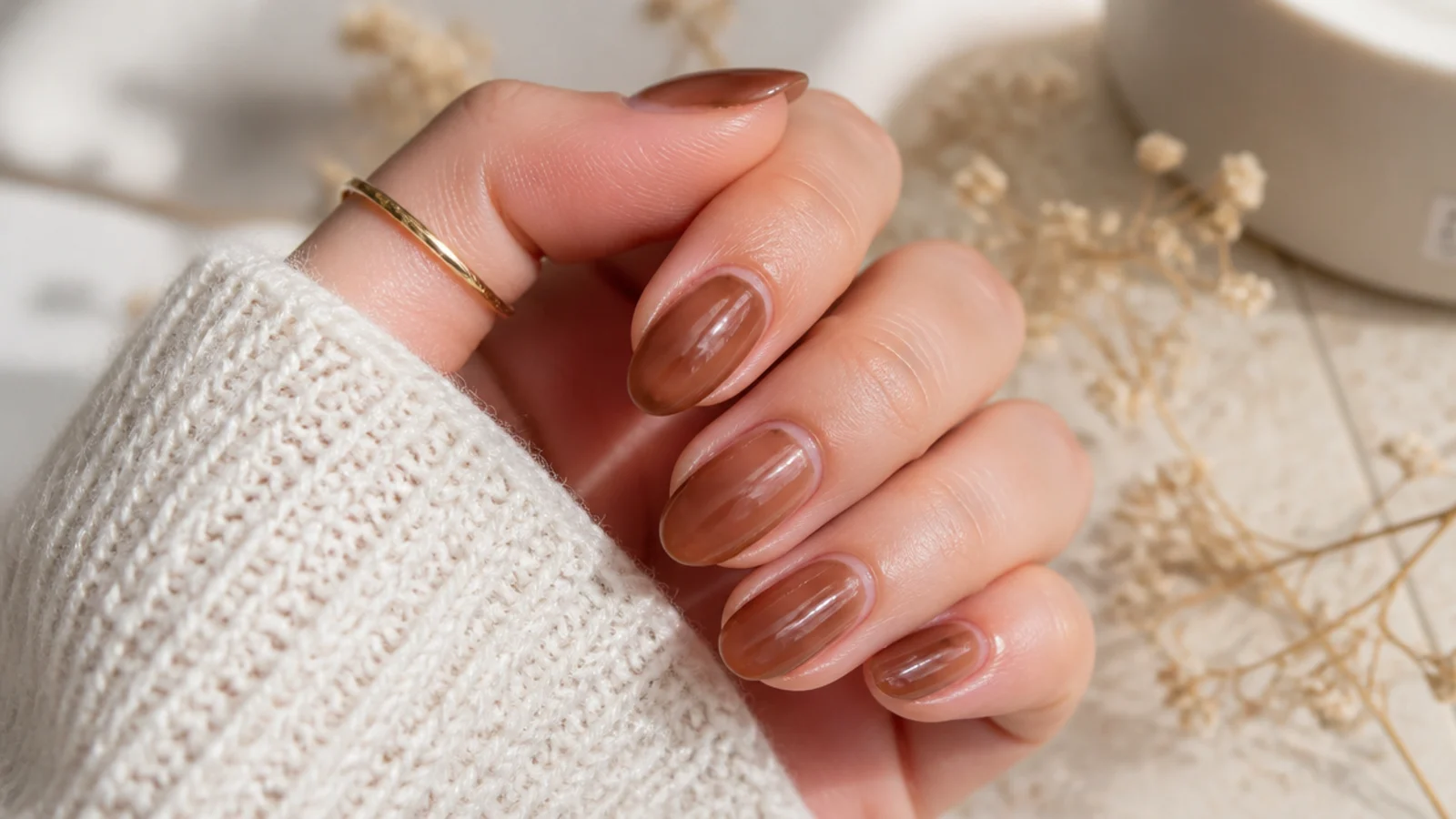 Short almond nails in translucent brown jelly with the natural nail visible through the tip