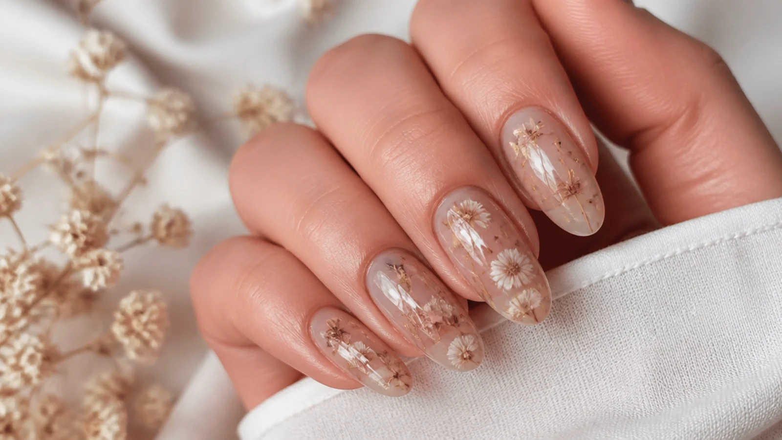 Medium almond nails with dried flowers under a milky brown-tinted overlay
