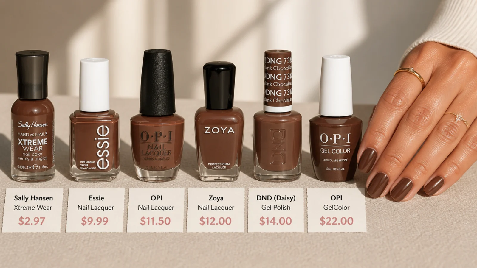 Brown nail polish bottles lined up from drugstore price to salon gel with cost labels