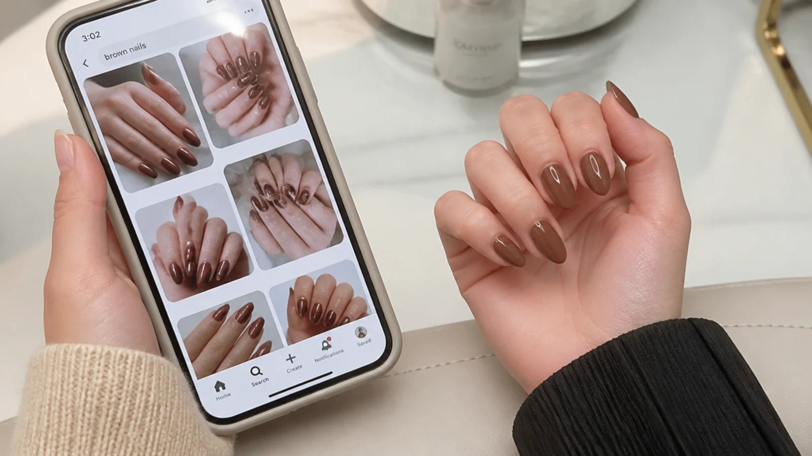 Phone showing brown nail reference photos held beside a hand at a nail salon table