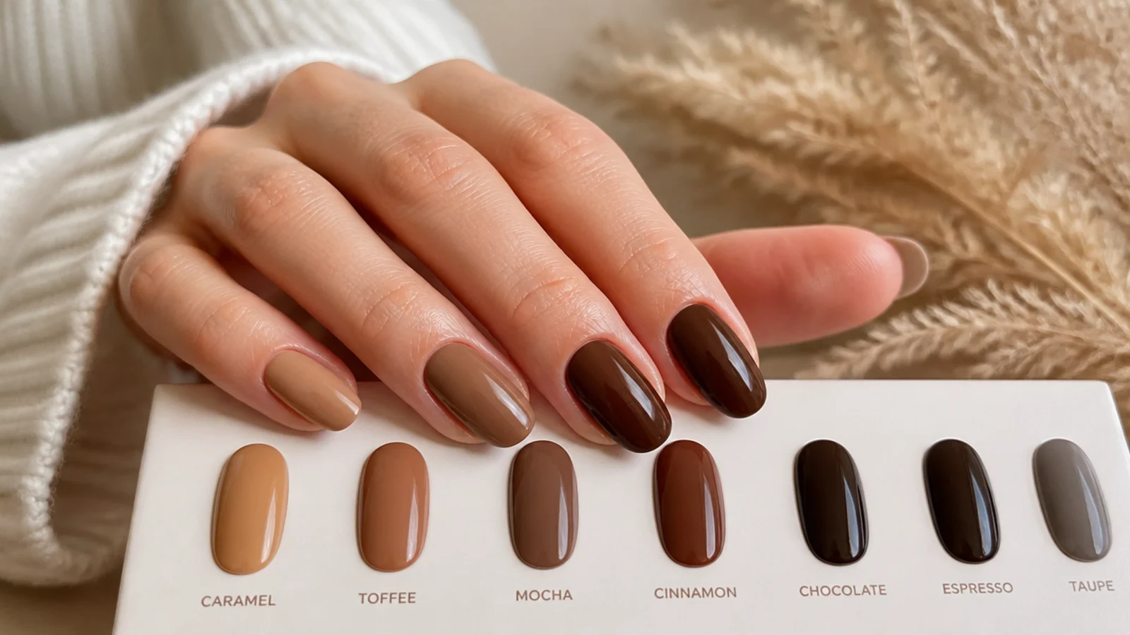 Brown nail polish shade chart from pale caramel through chocolate to dark espresso and cool taupe