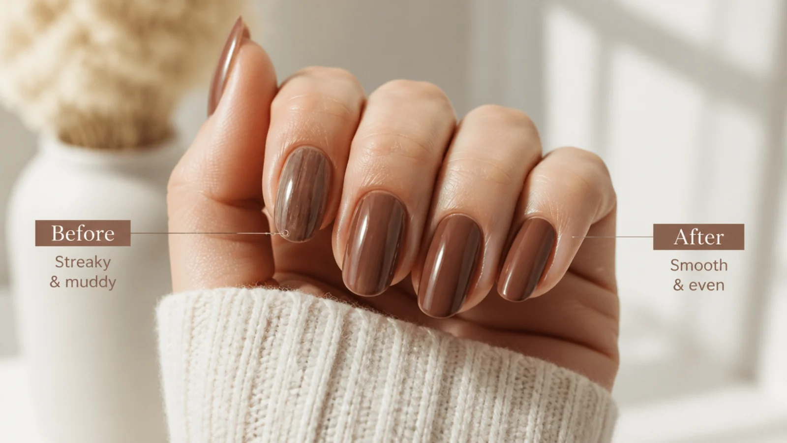 Two brown manicures compared, one streaky and muddy and one smooth and even