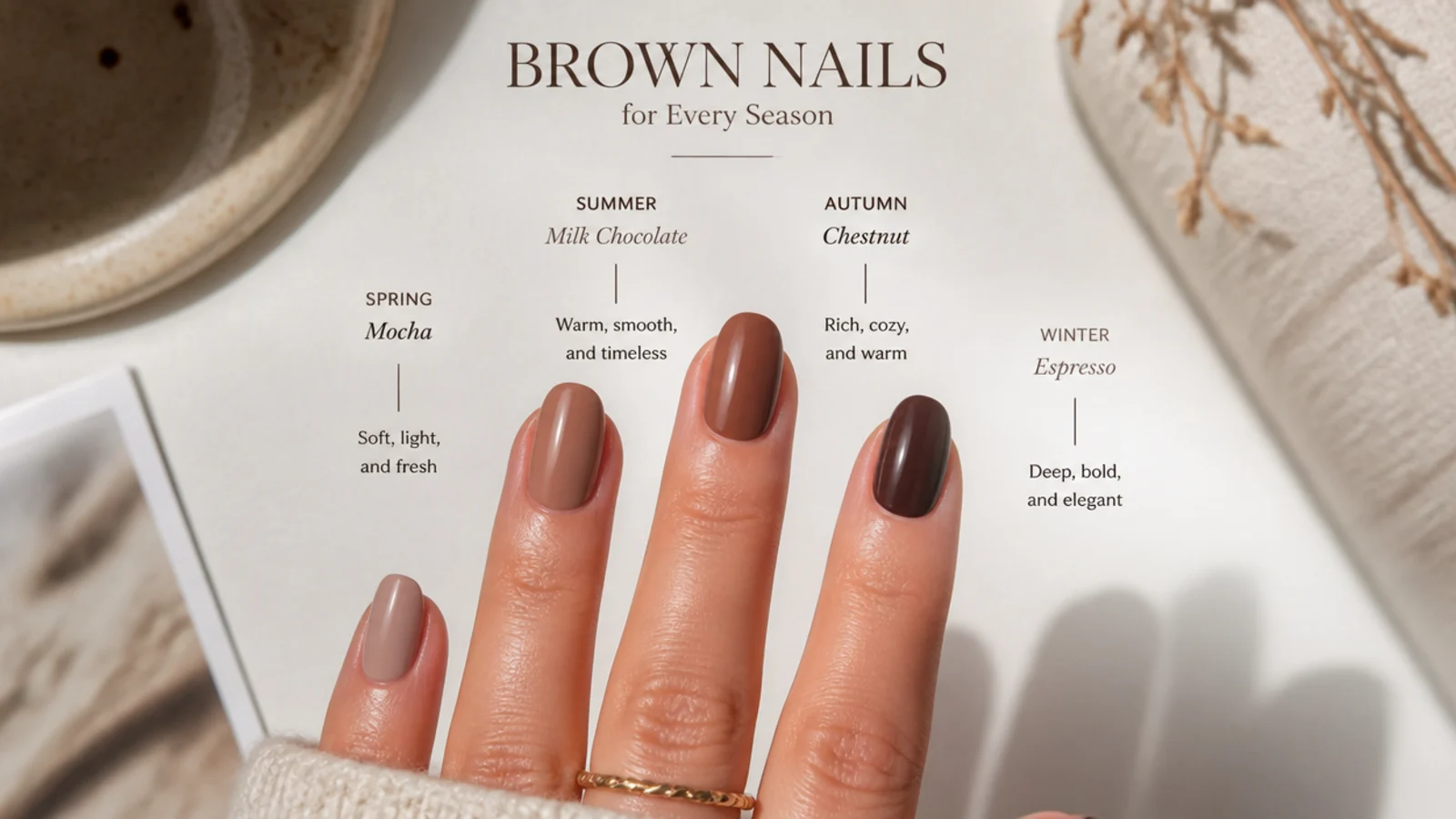 Four brown nail looks arranged by season from spring mocha to fall espresso