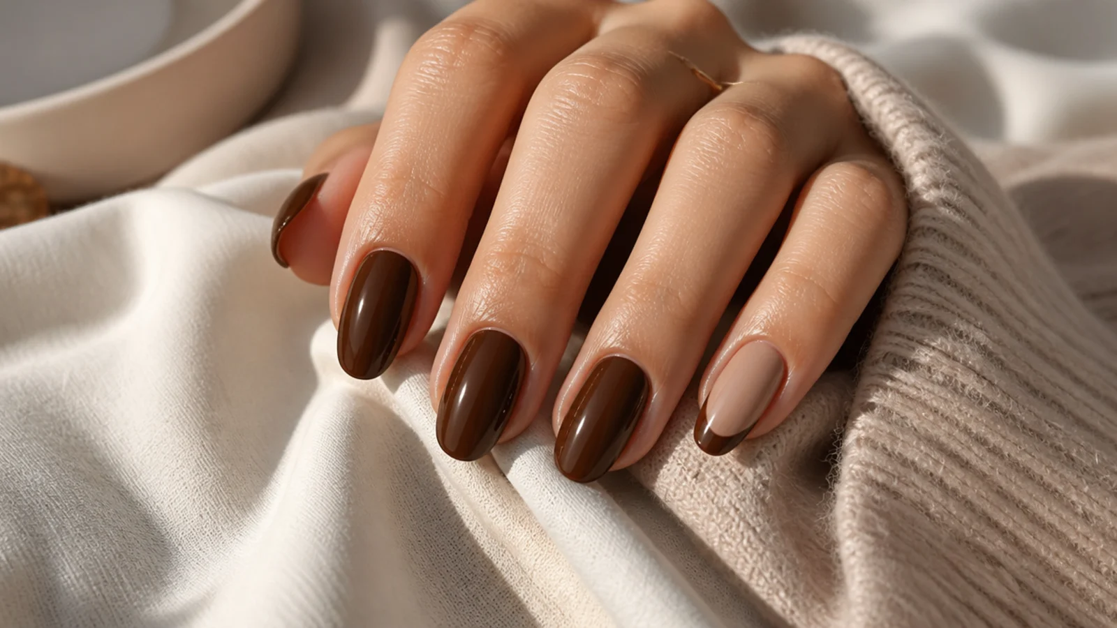 Medium almond nails in glossy chocolate brown with a warm espresso French tip accent nail