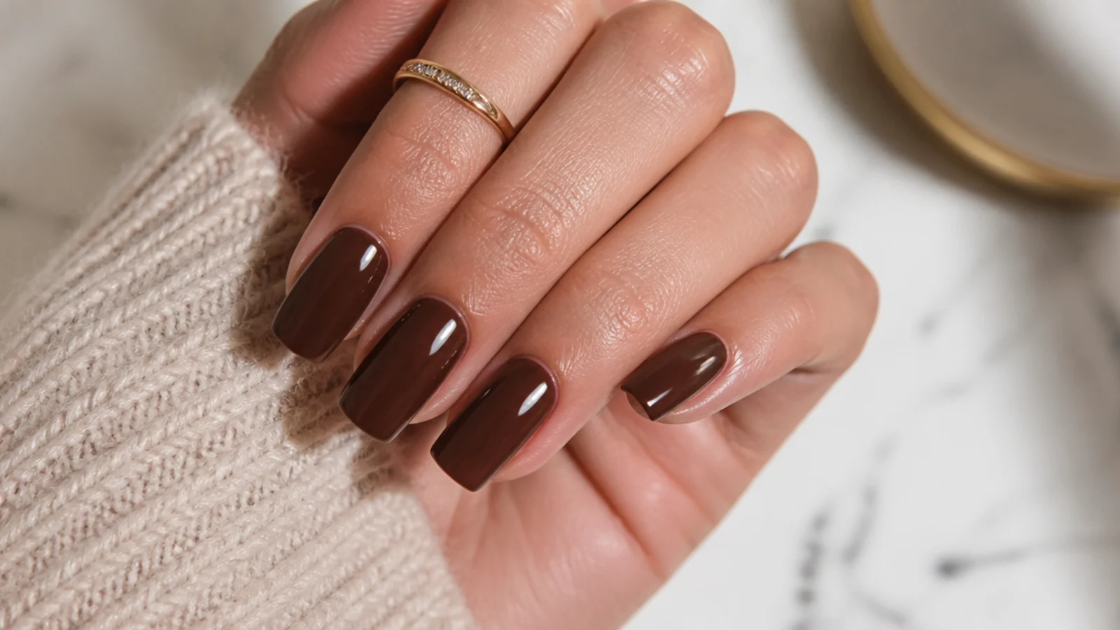 Medium square nails in deep espresso brown with a high-gloss finish for fall