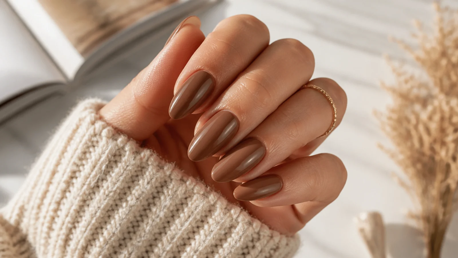 Medium almond nails in warm caramel latte brown with a creamy glossy finish