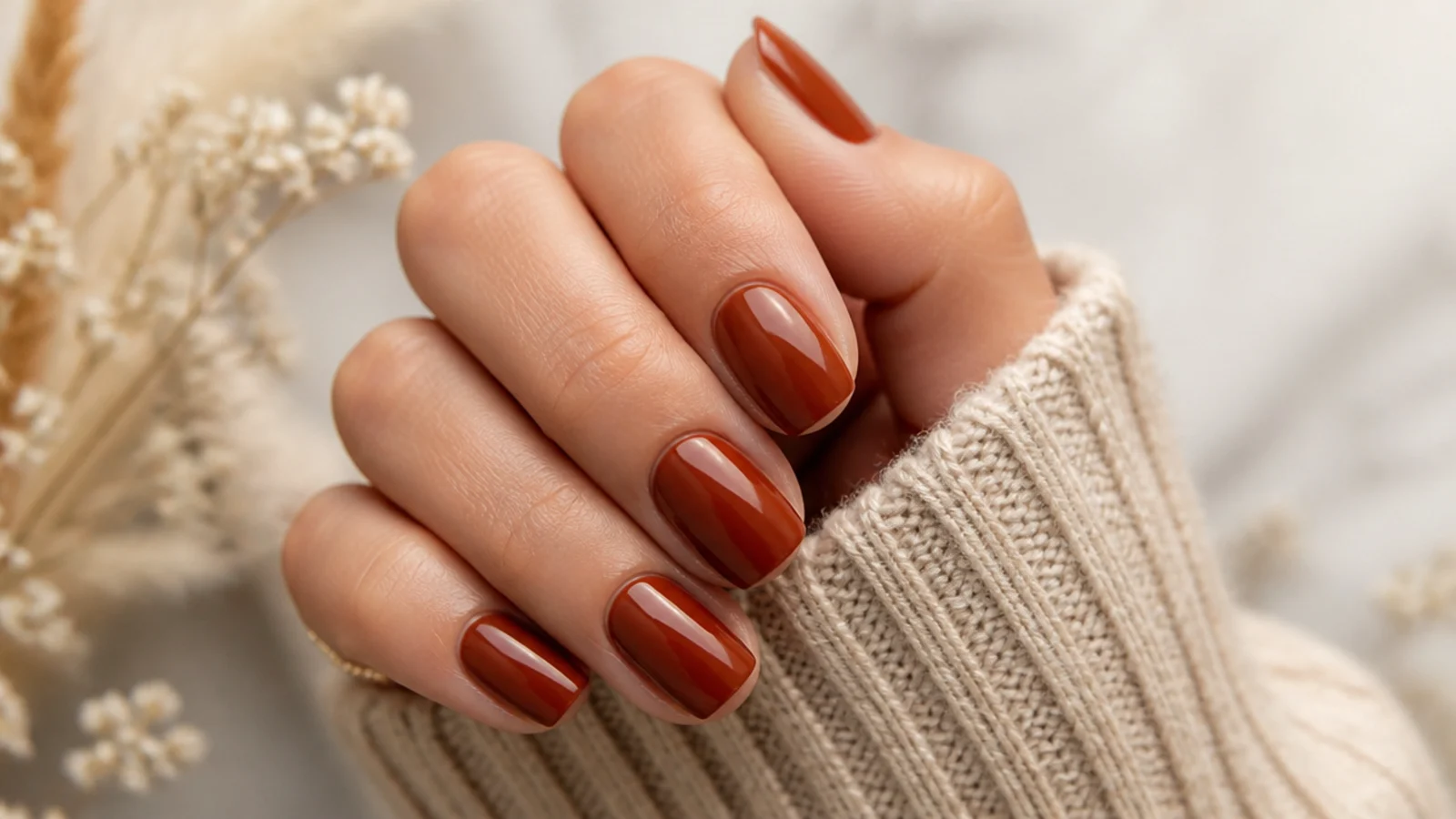 Short almond nails in reddish cinnamon spice brown with a warm glossy sheen