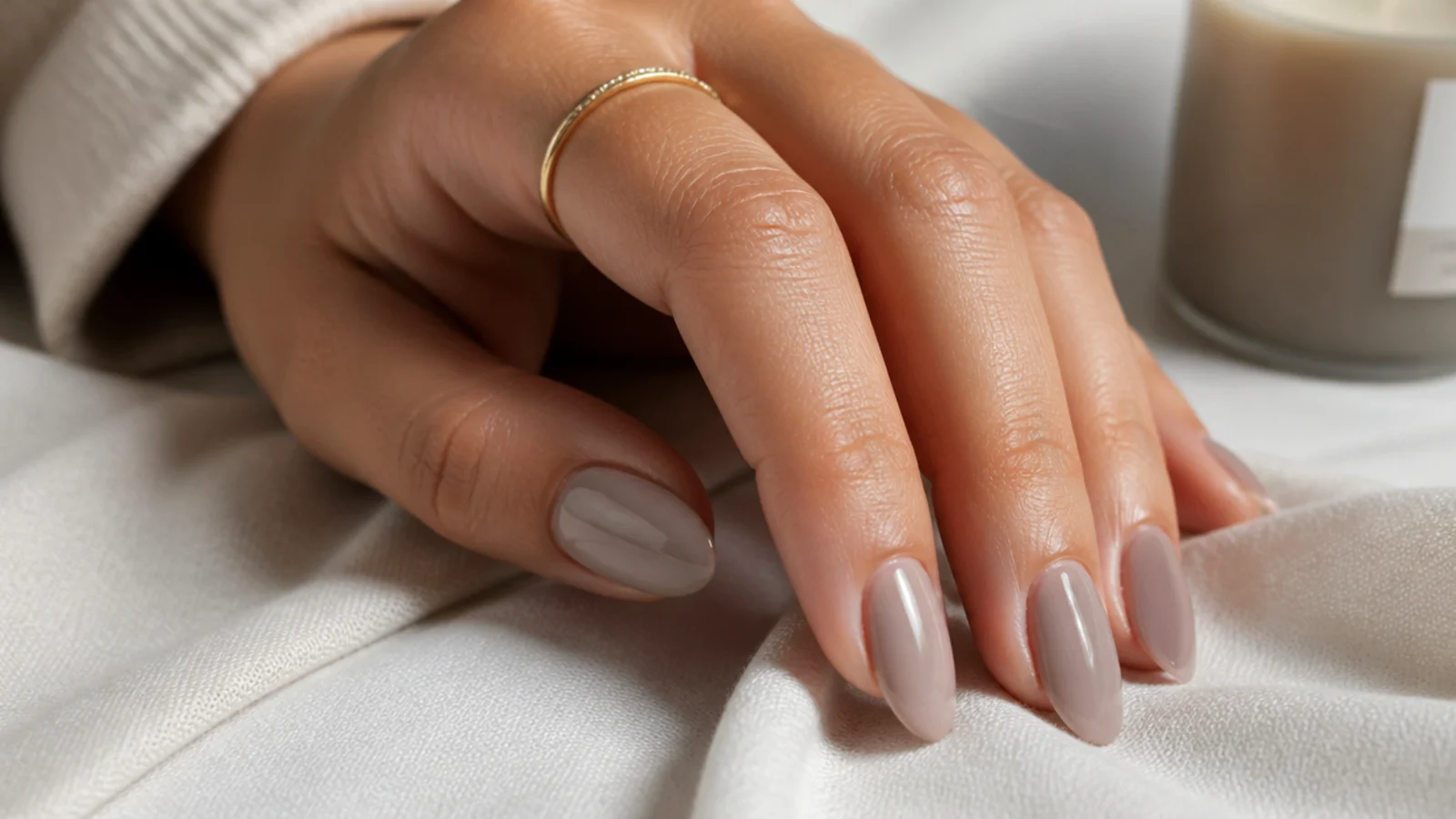 Medium almond nails in soft cashmere taupe greige with a clean creamy finish