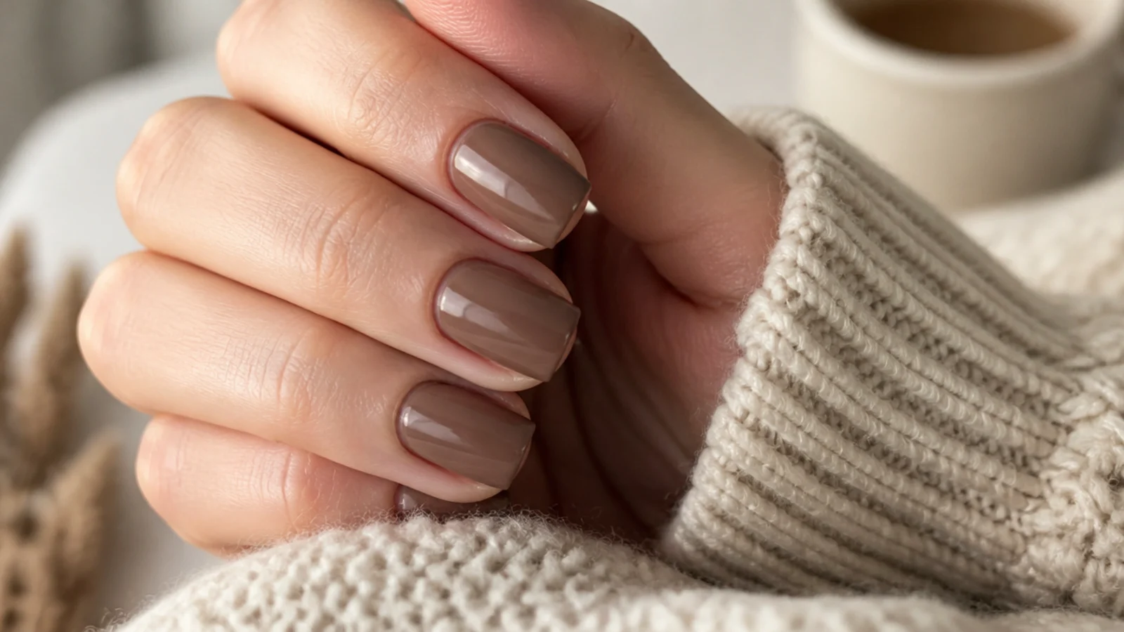 Short square nails in creamy mocha mousse brown with a smooth satin finish