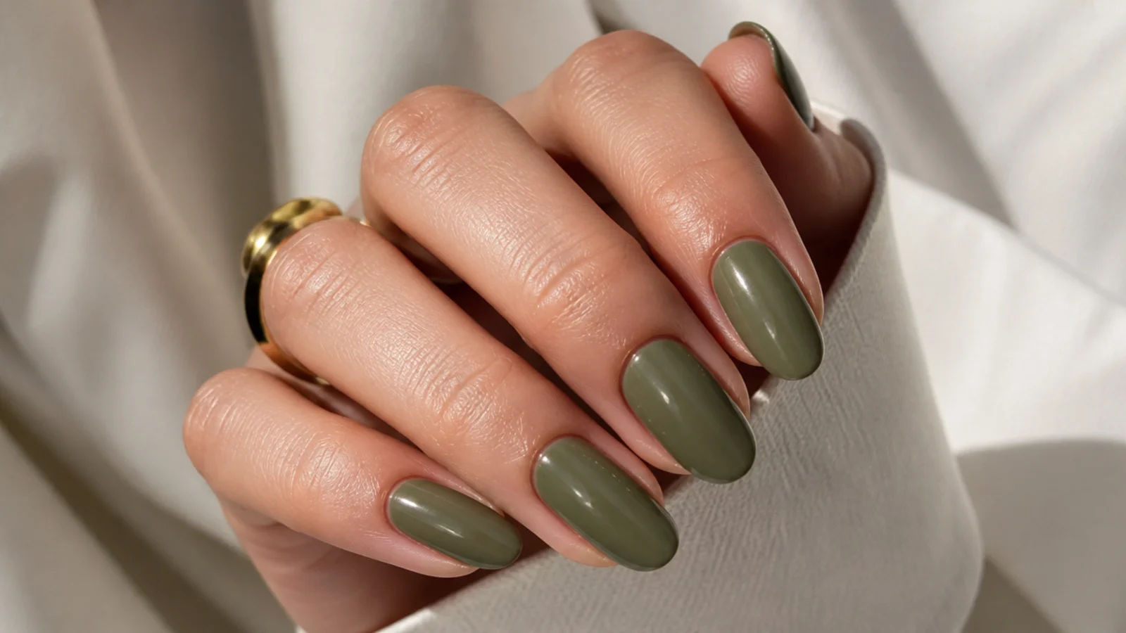Medium almond nails in muted dirty martini olive green with a soft glossy finish