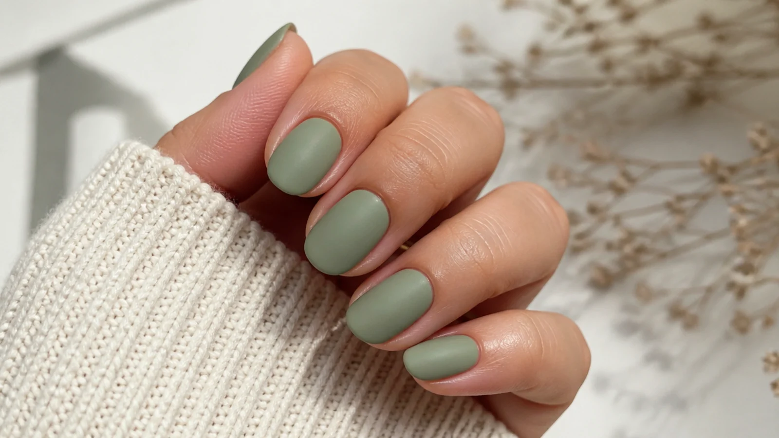 Short almond nails in soft dusty sage green with a creamy matte finish