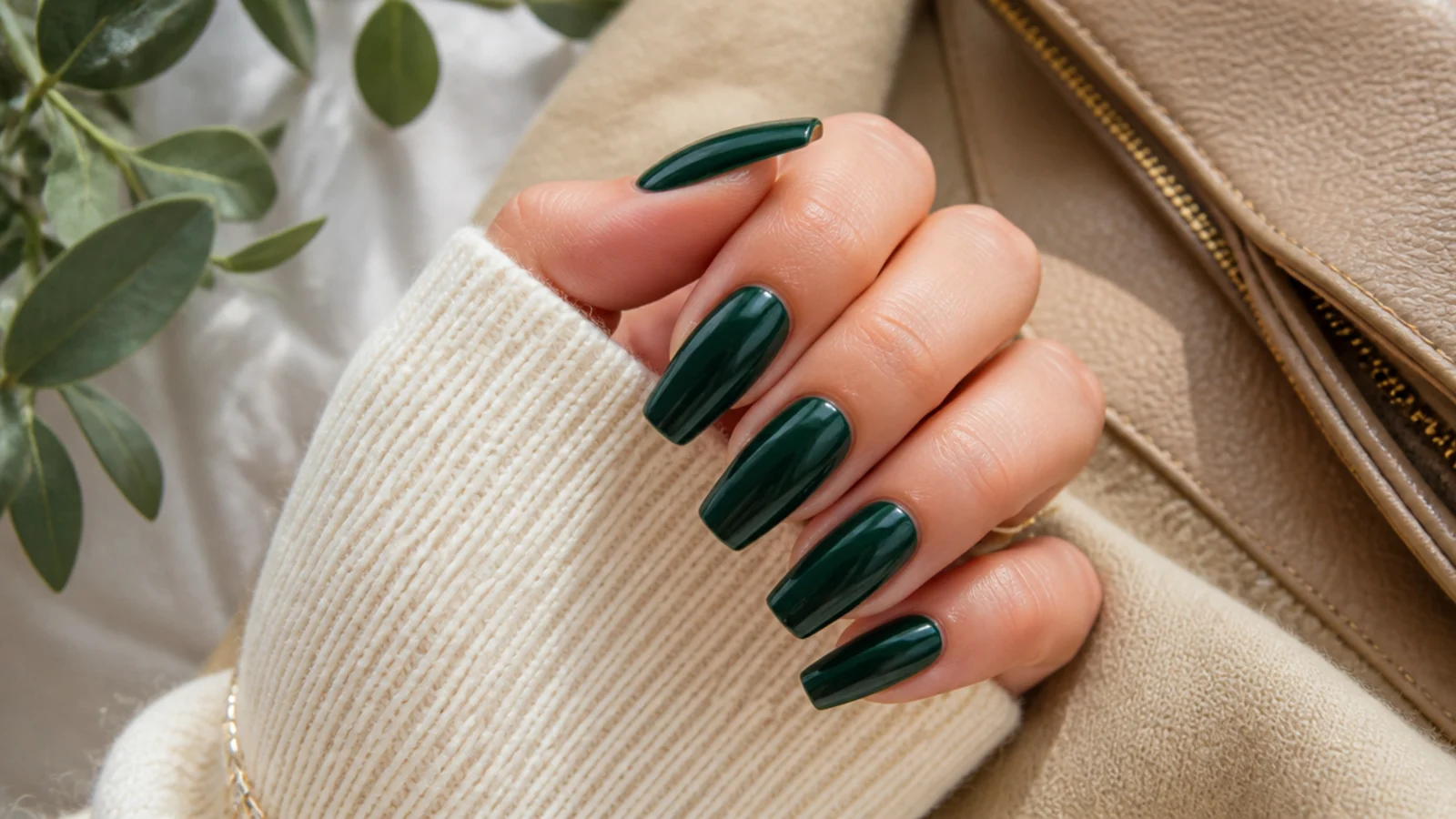 Medium coffin nails in deep hunter green with a rich jewel-toned gloss