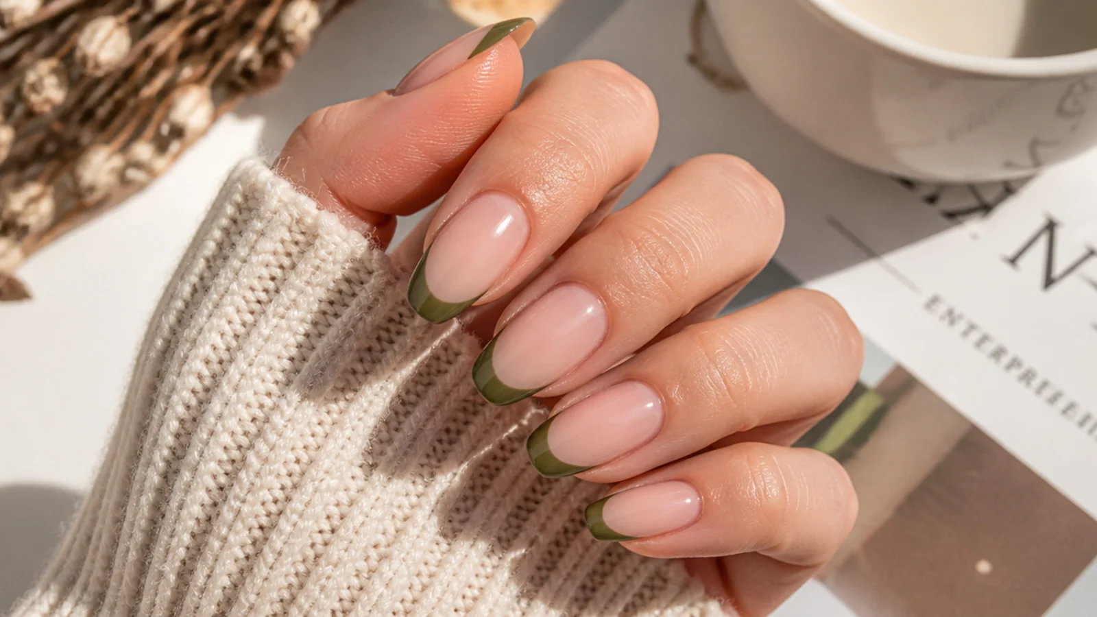 Medium almond nails with olive green French tips over a sheer nude base for fall