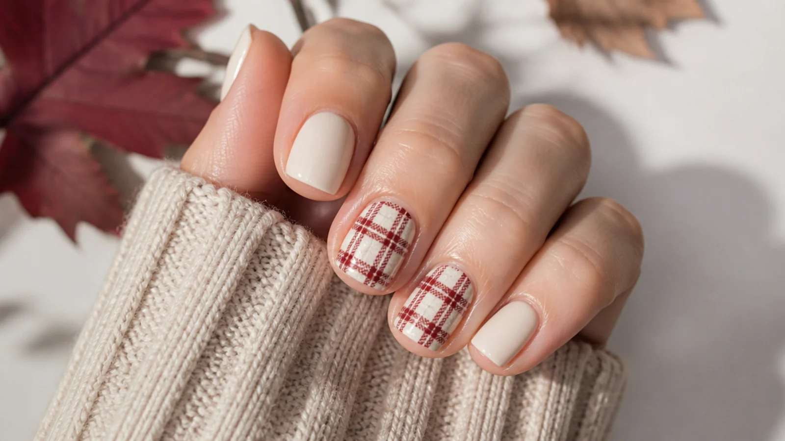 Short square nails with a red and cream tartan plaid pattern on two accent nails for fall