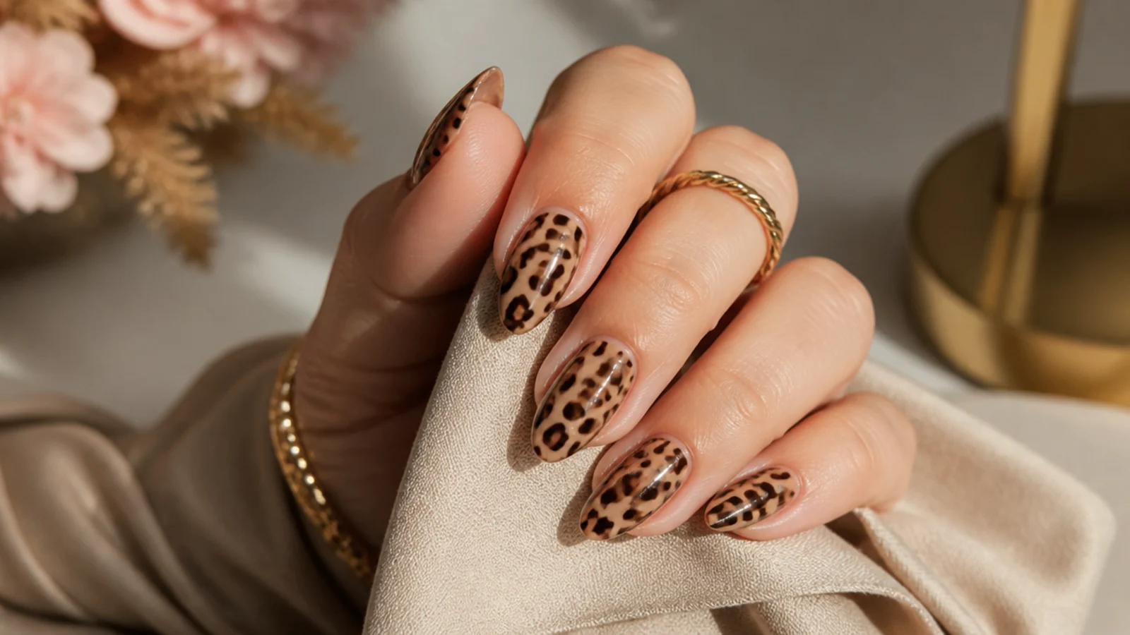 Medium almond nails with brown and black leopard print spots on a caramel base for fall