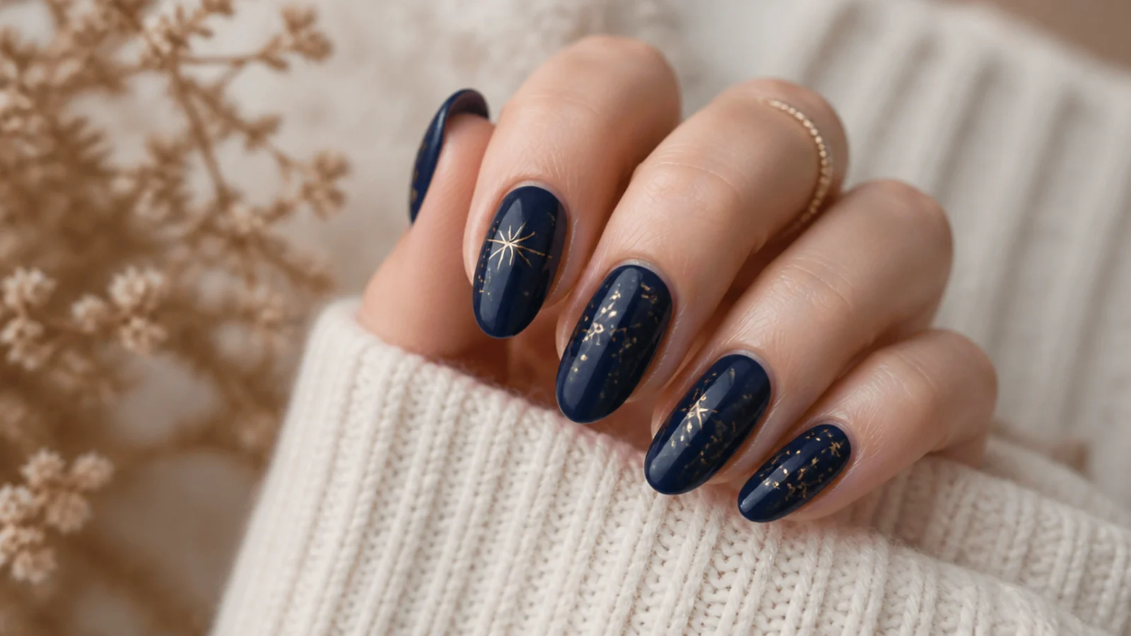 Medium almond nails in deep navy with gold star and constellation accents for fall
