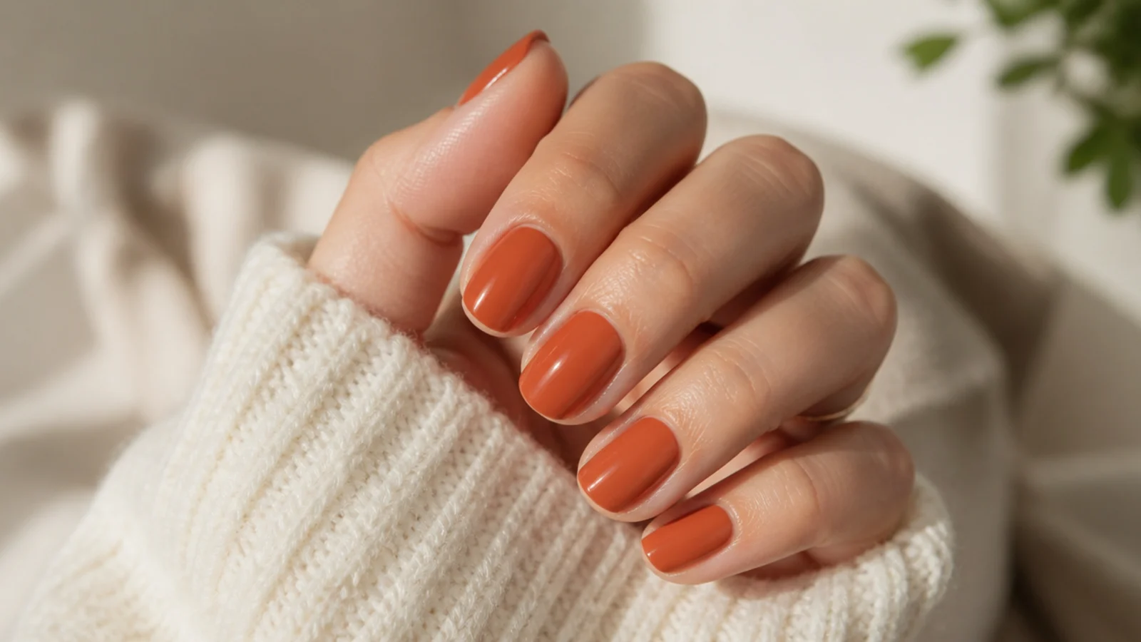 Short almond nails in muted burnt orange terracotta with a warm creamy finish