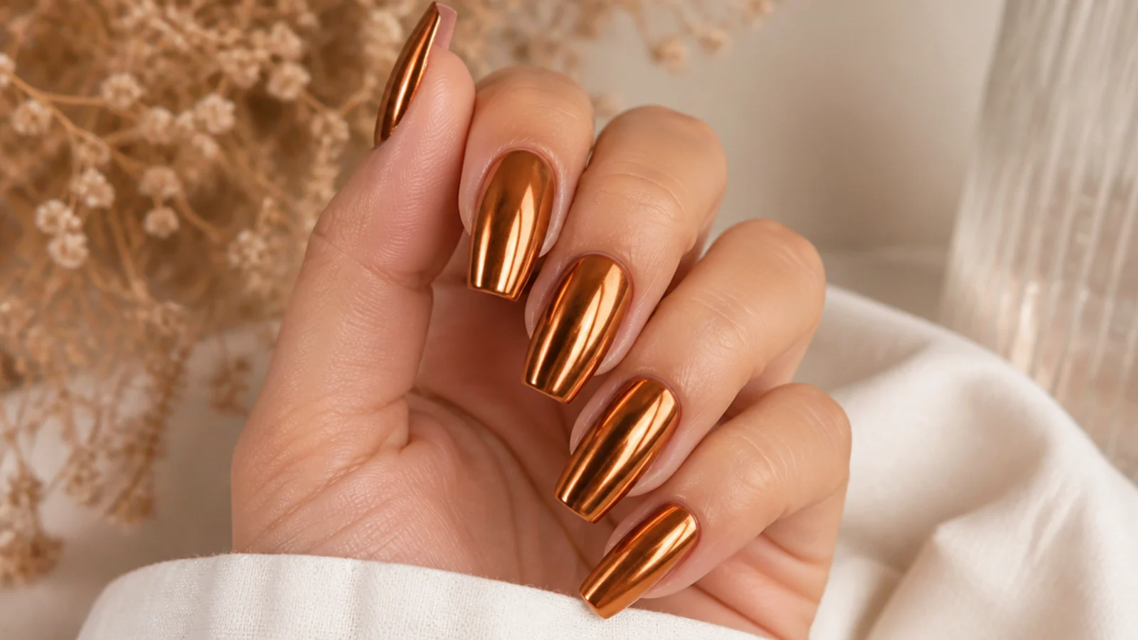 Medium coffin nails in rust copper chrome with a warm liquid metallic finish