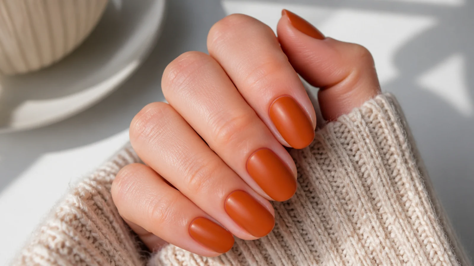 Short almond nails in warm pumpkin spice orange-brown with a soft satin finish