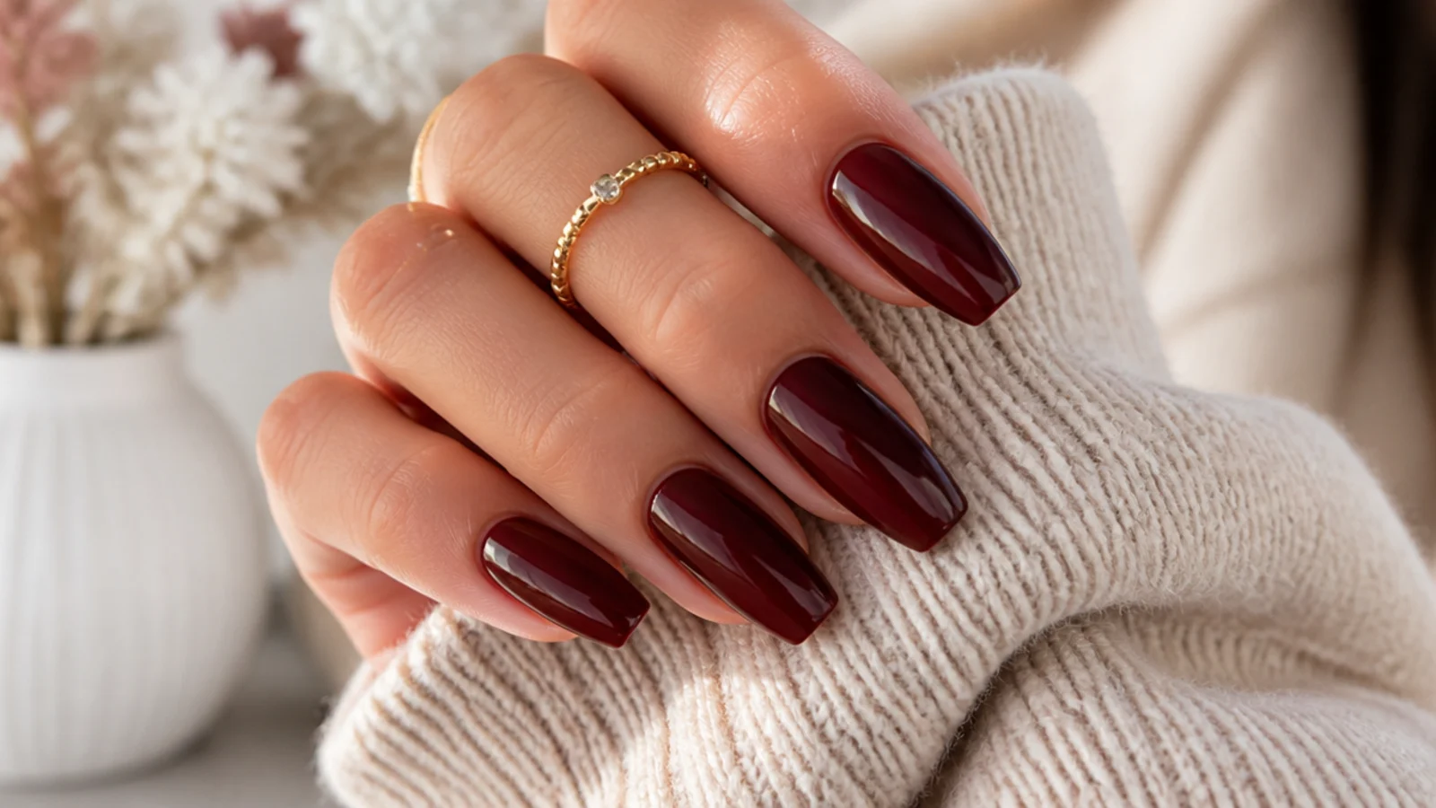 Medium coffin nails in deep oxblood wine red with a rich glossy finish for fall