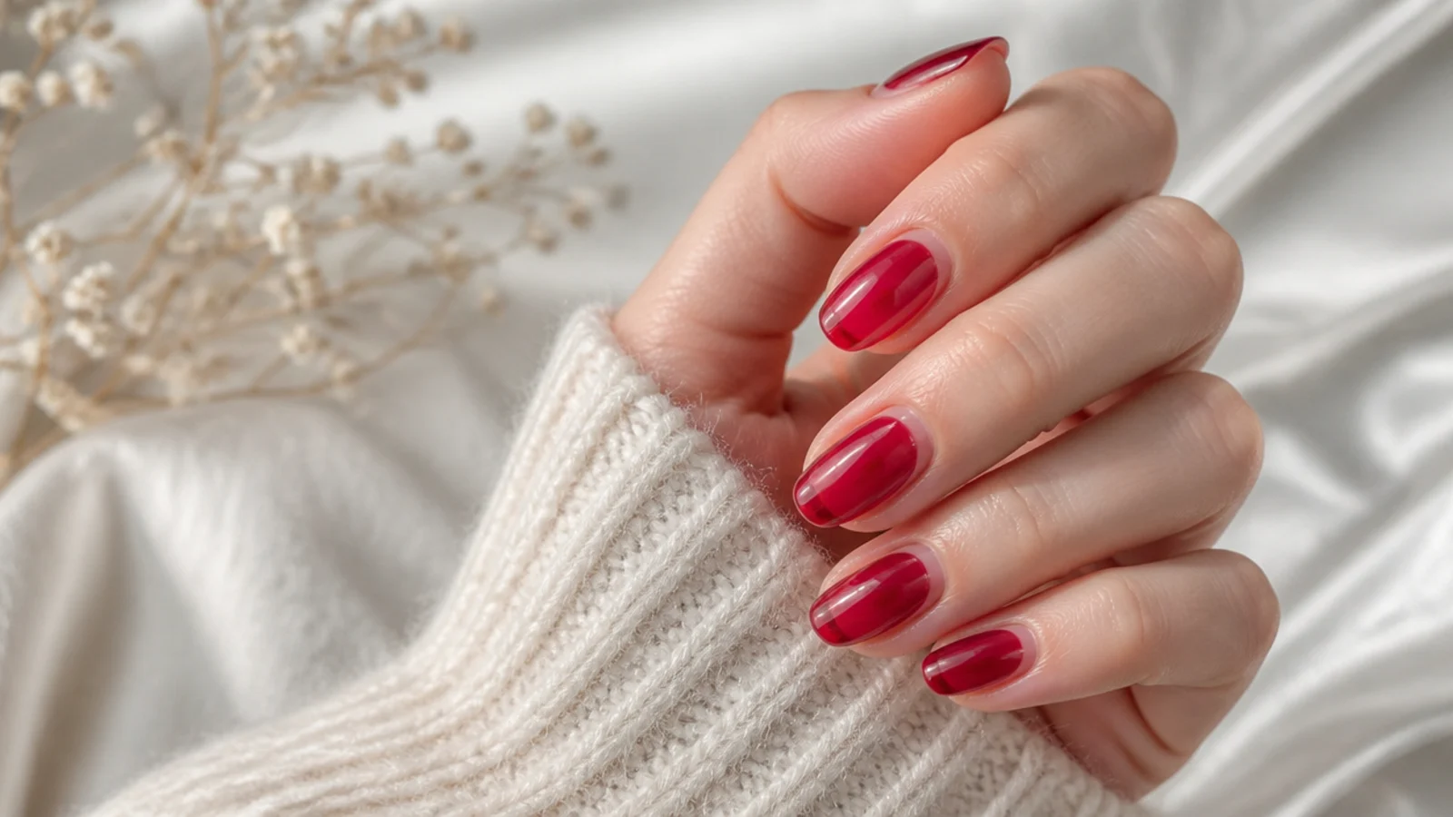 Short almond nails in translucent cranberry red jelly with the natural nail visible through the tip