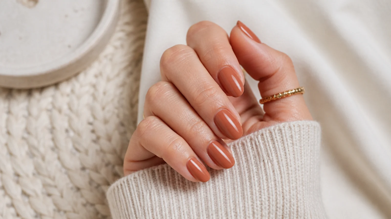 Short almond nails in dusty terracotta clay with a soft creamy finish for the September transition
