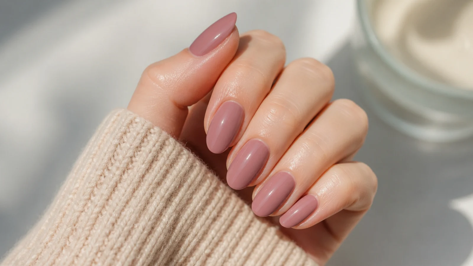 Short almond nails in muted dusty rose mauve with a soft creamy transitional finish