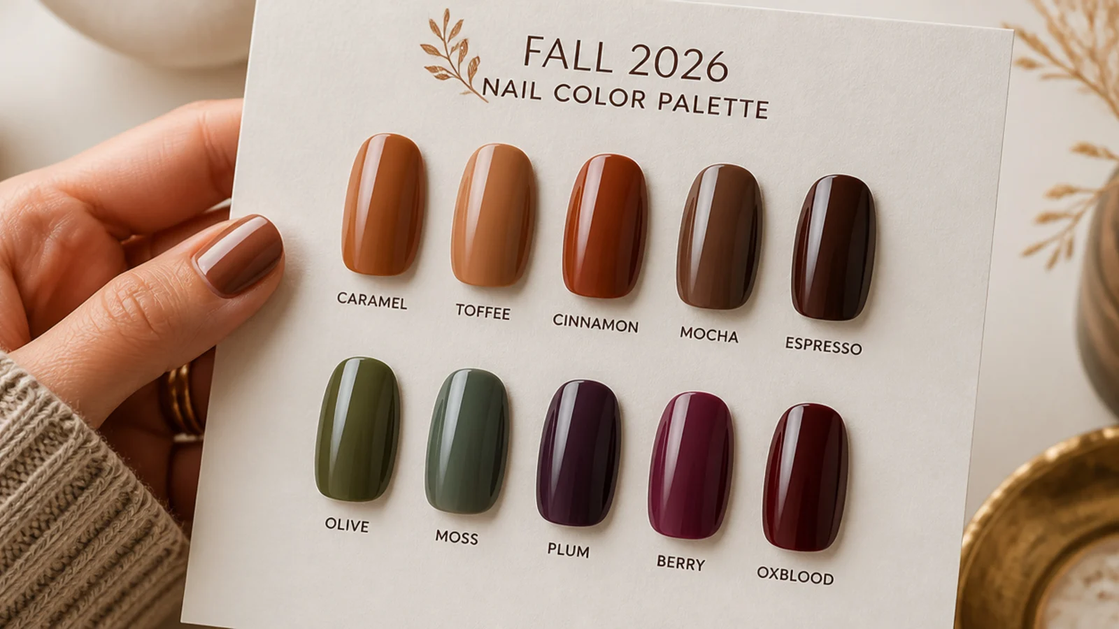 Fall 2026 nail color swatch chart from caramel and espresso to olive plum and oxblood