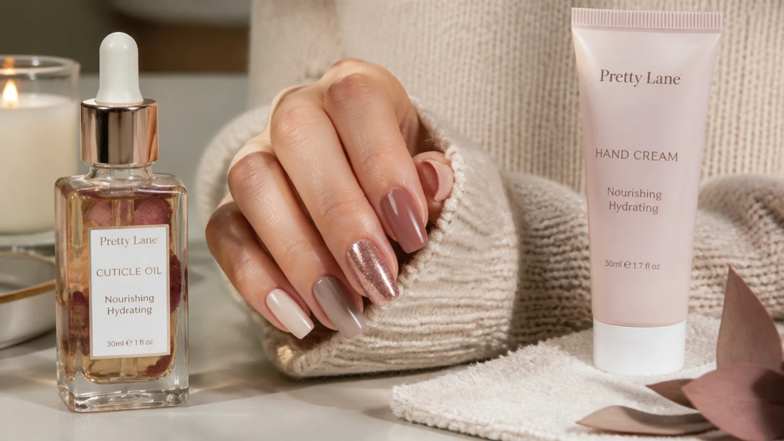 Cuticle oil dropper and hand cream beside a hand with healthy fall nails for cold weather care