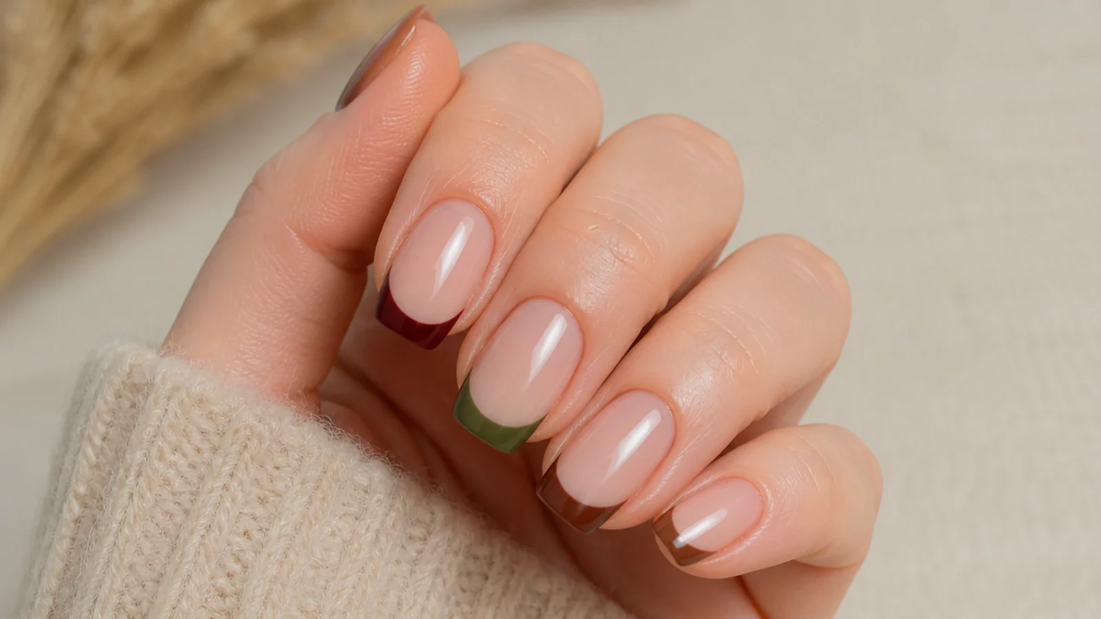 Three fall French tip nails compared in brown olive and burgundy over nude bases