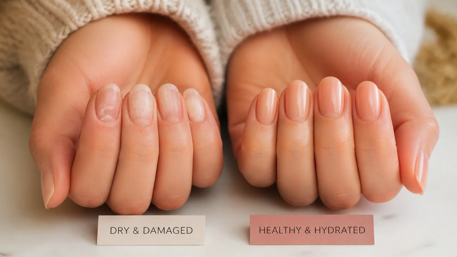 Two fall manicures compared, one cracked and dry and one healthy and glossy