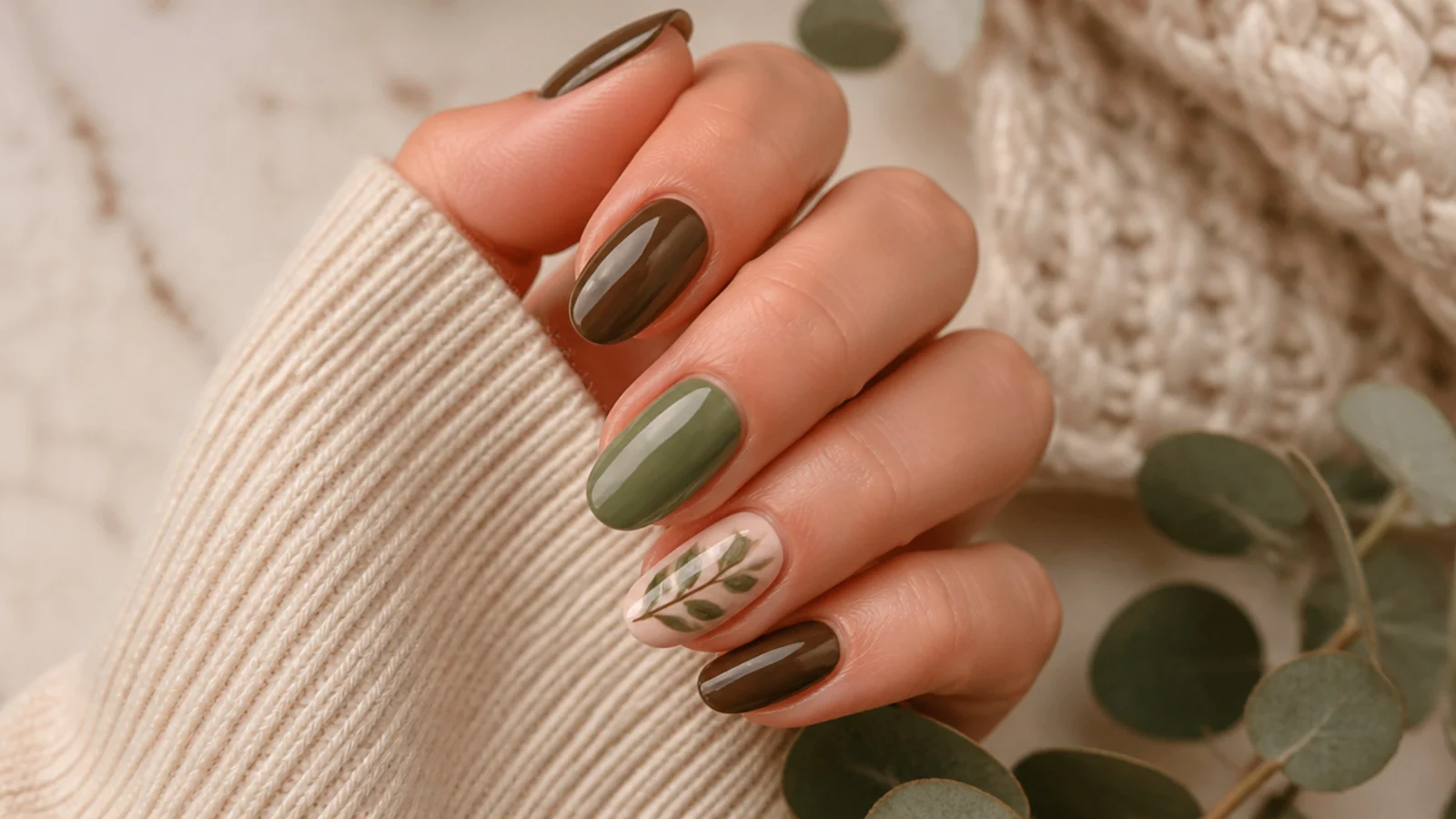 Medium almond nails in chocolate brown and olive green with a single leaf accent for fall 2026