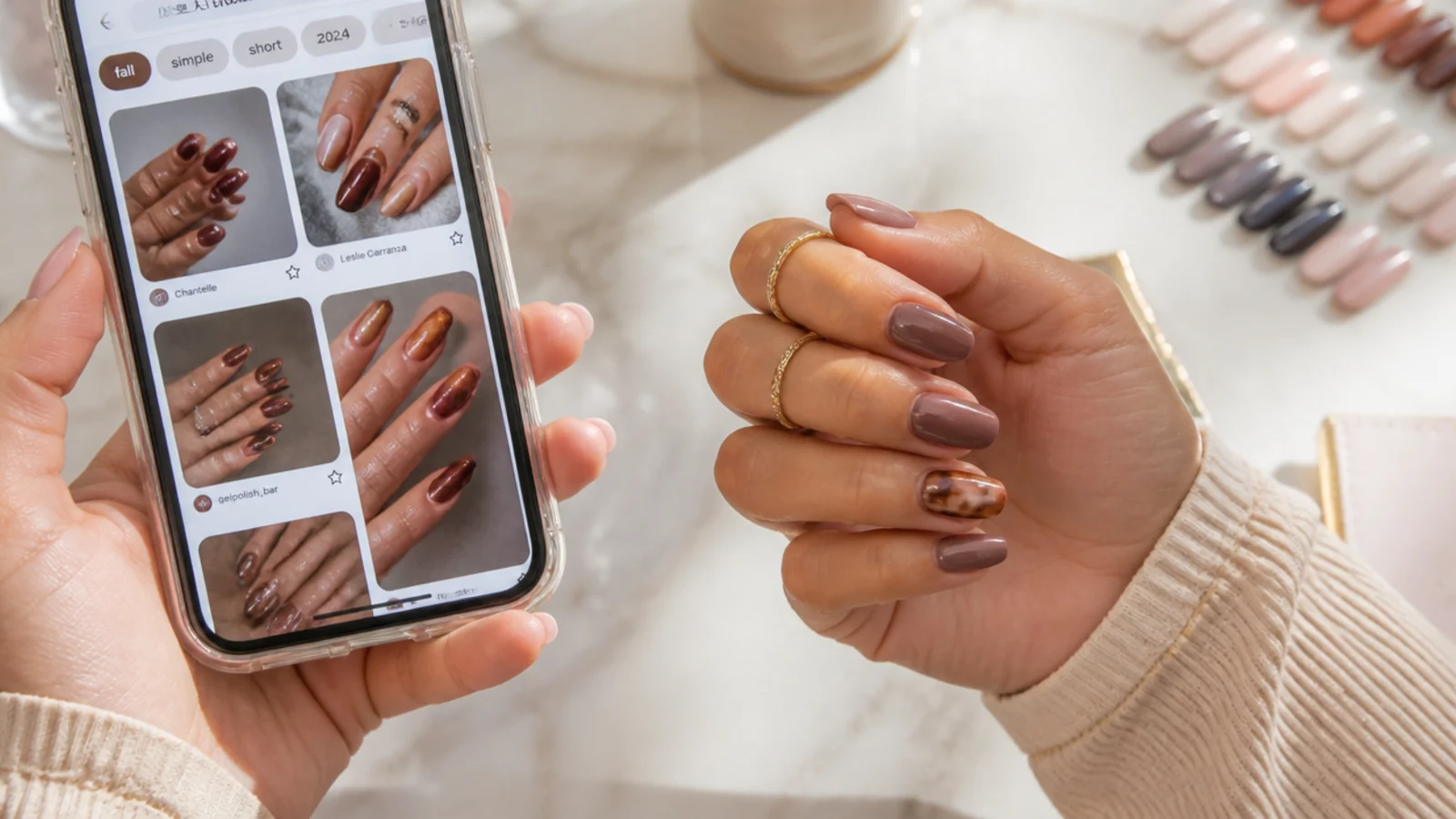 Phone showing fall nail reference photos held beside a hand at a nail salon table